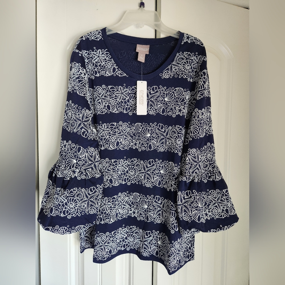 Chico's "Seashell Stripes 3/4 Sleeve Scoop Neck Top" Sz 1 NEW!
